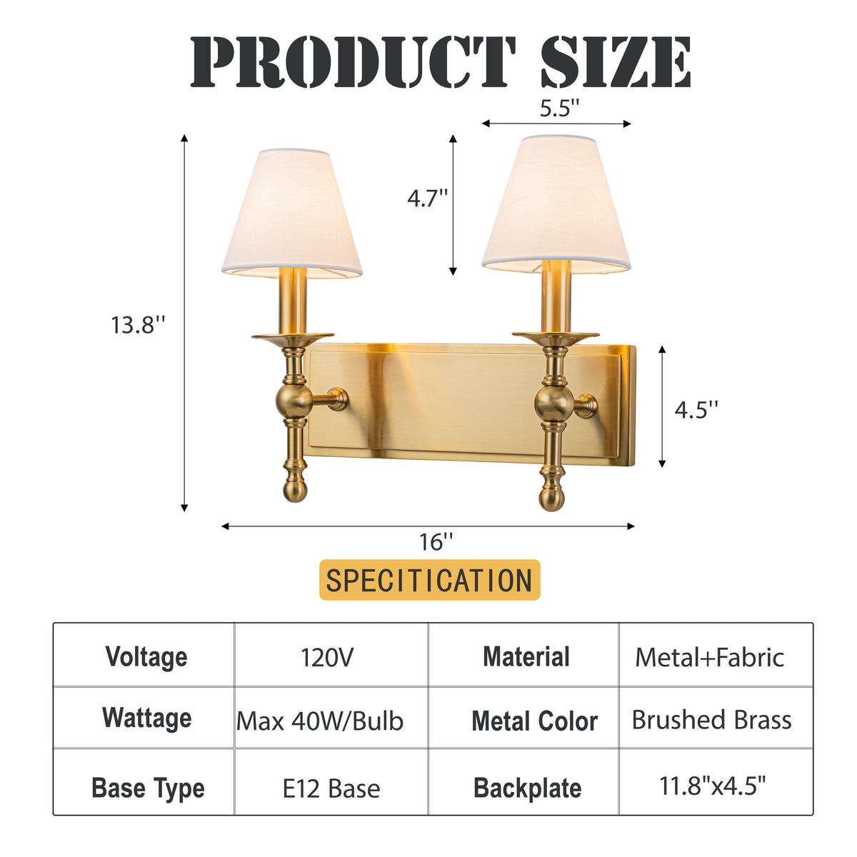 16'' 2-Light Classic Warm Brass Wall Sconces Dimmable Contemporary Double Shade Bath Sconce For Hallway Bathroom Bedroom