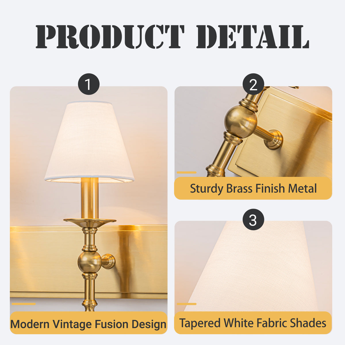 24'' 3-light Classic Wall Sconce Dimmable Contemporary Triple Bath Sconce in Warm Brass with White Fabric Shade For Hallway Bathroom Bedroom