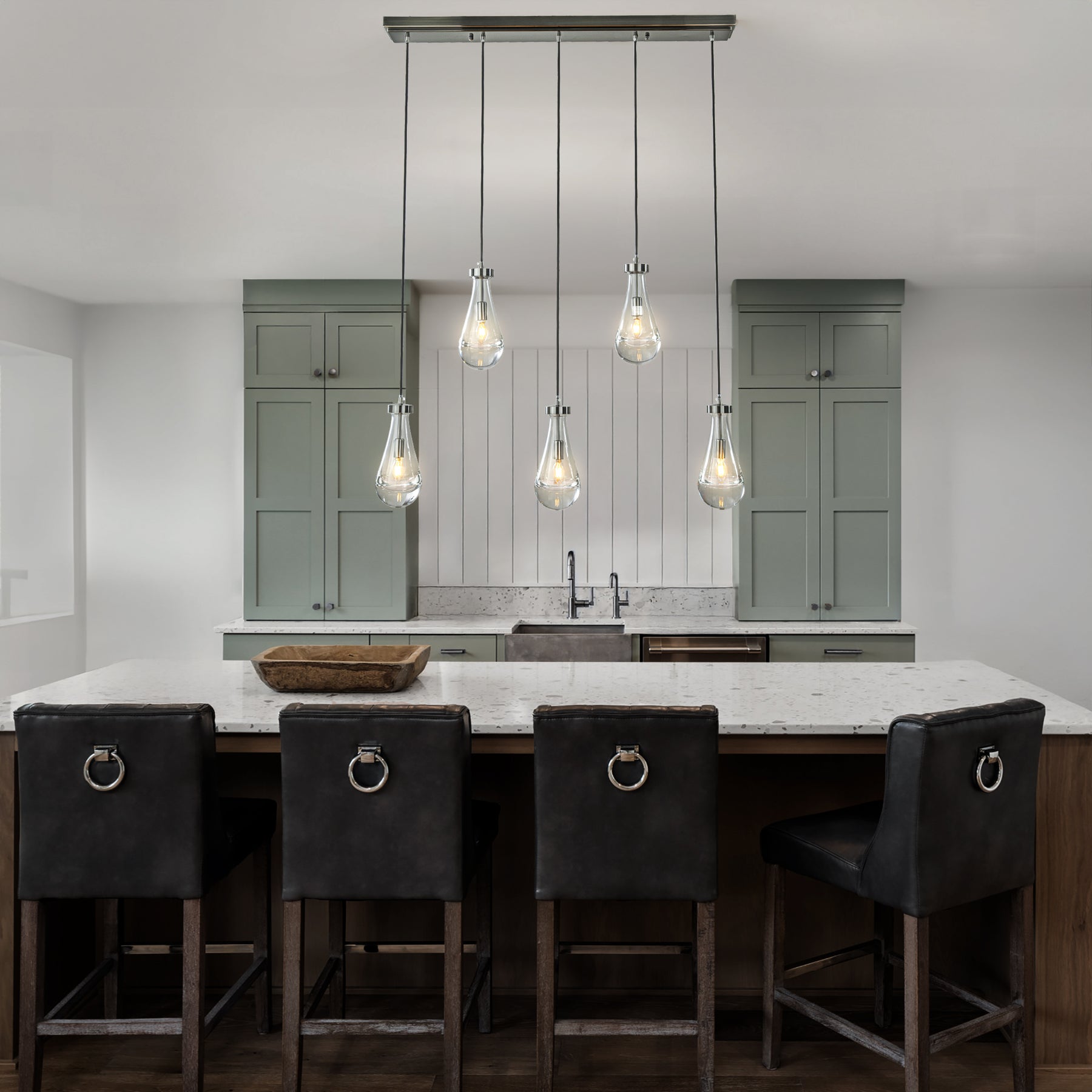 5-Light 39" Farmhouse Raindrop Glass Brush Black Nickel Chandelier Rustic Teardrop Cluster Pendant Light for Kitchen Island