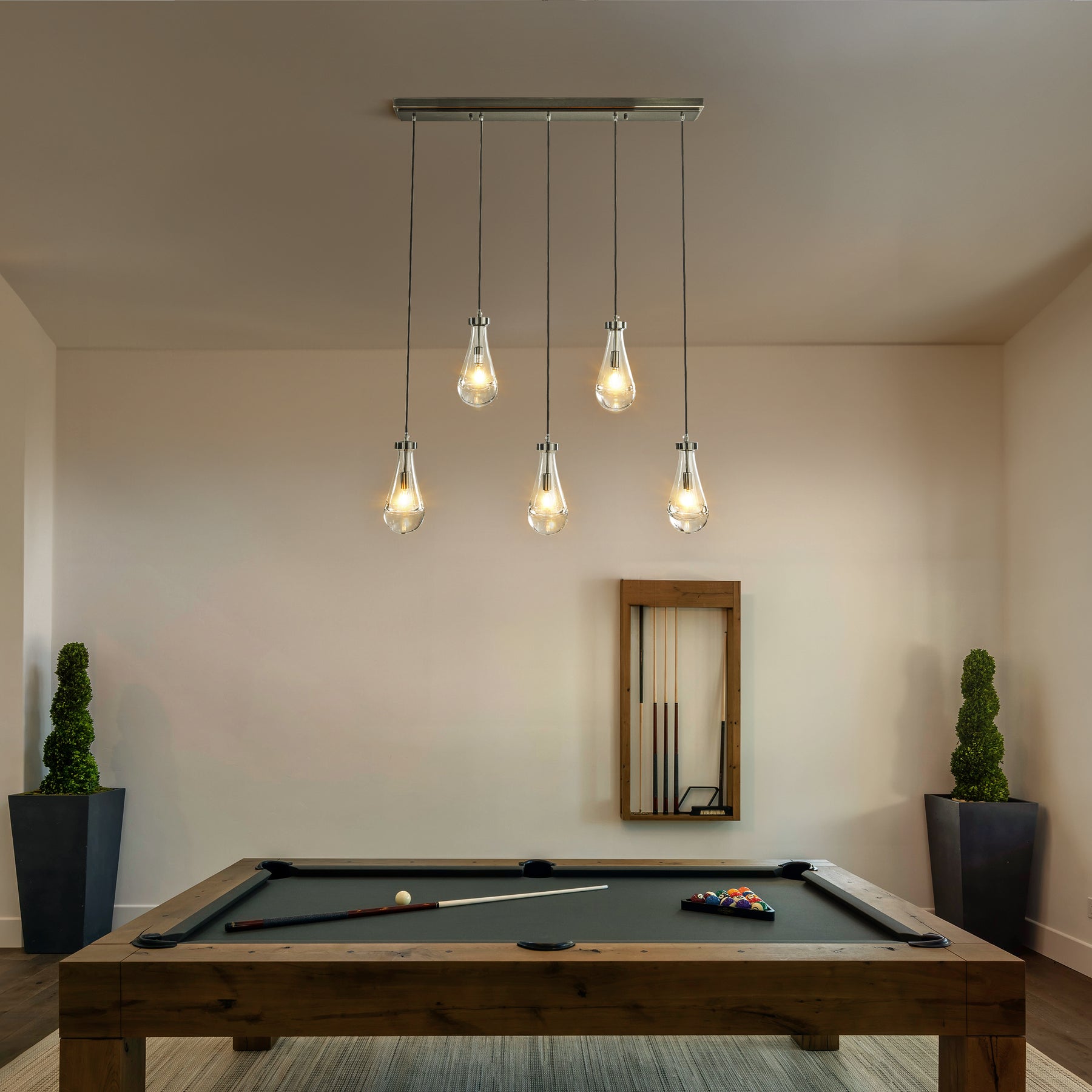 5-Light 39" Farmhouse Raindrop Glass Brush Black Nickel Chandelier Rustic Teardrop Cluster Pendant Light for Kitchen Island