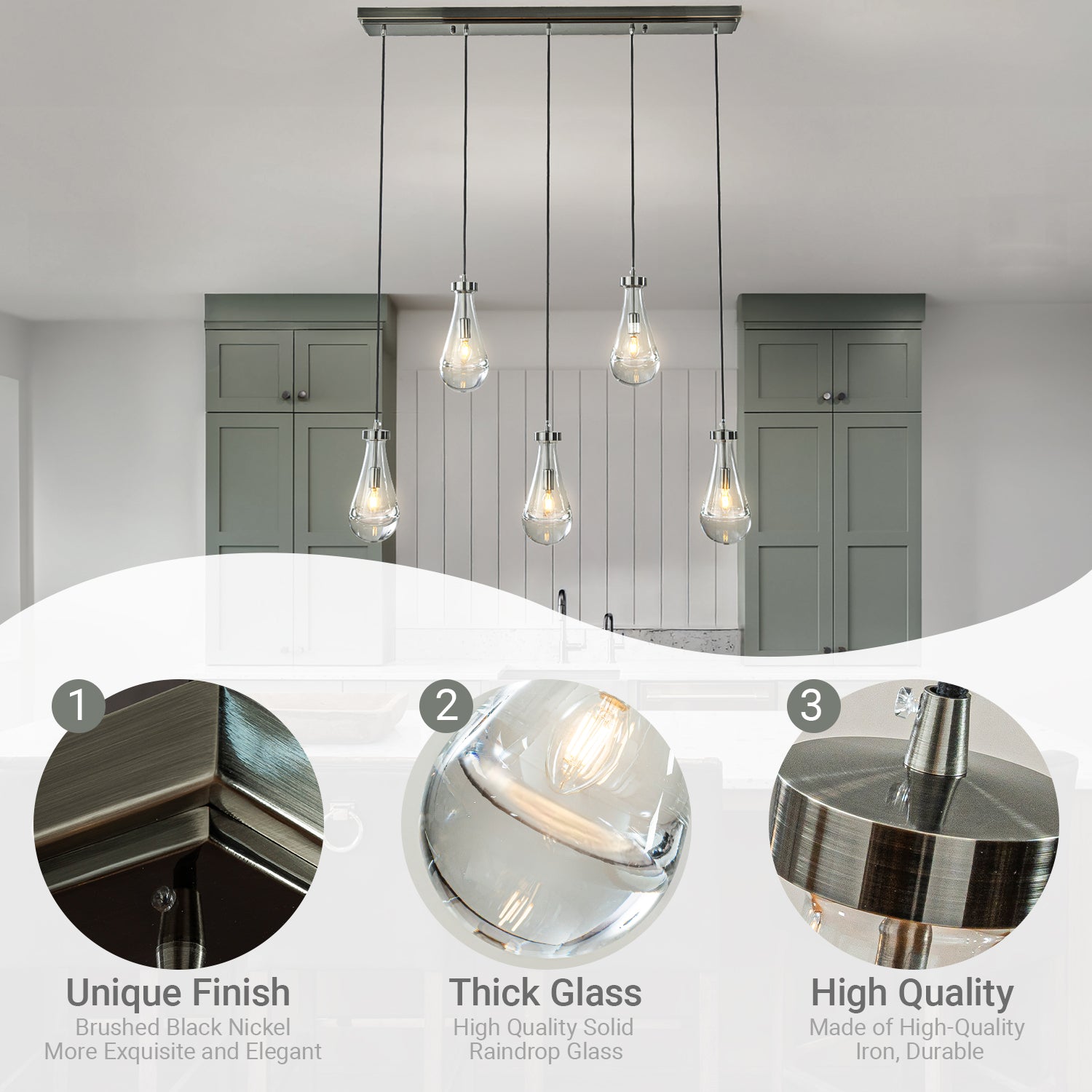 5-Light 39" Farmhouse Raindrop Glass Brush Black Nickel Chandelier Rustic Teardrop Cluster Pendant Light for Kitchen Island