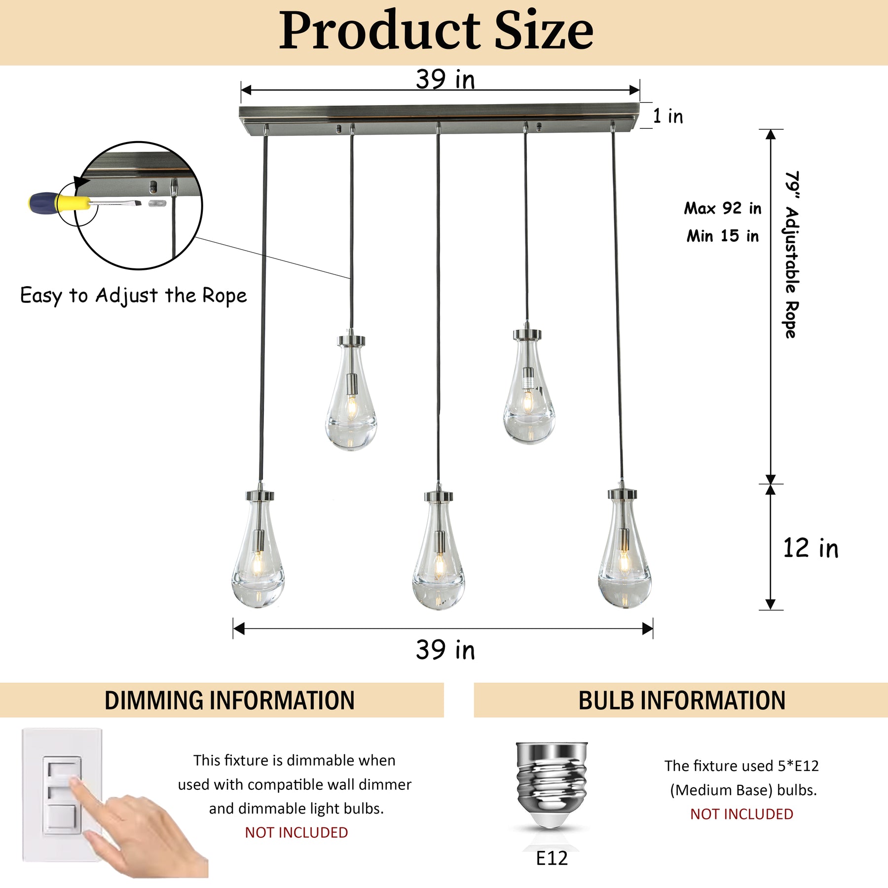 5-Light 39" Farmhouse Raindrop Glass Brush Black Nickel Chandelier Rustic Teardrop Cluster Pendant Light for Kitchen Island