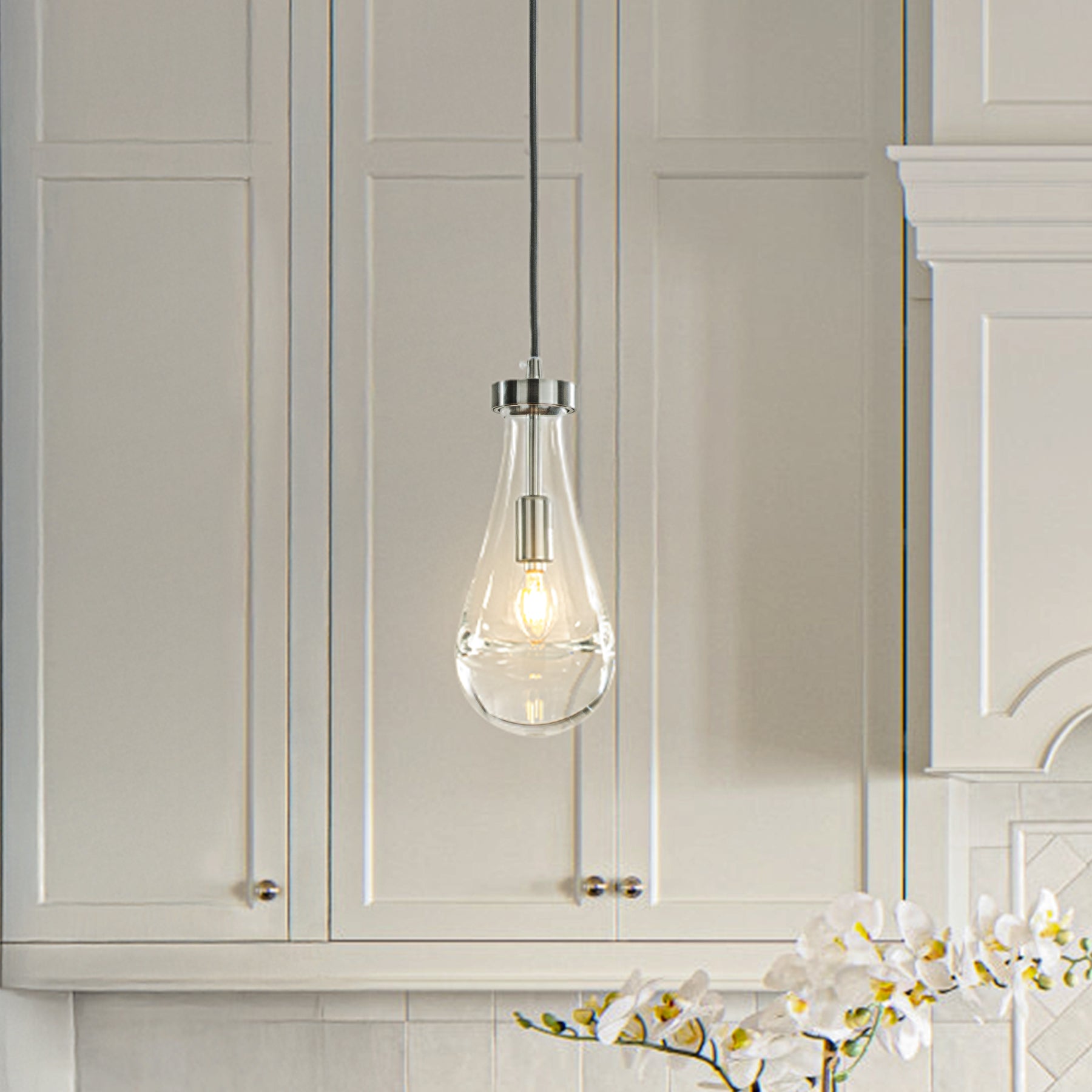 1-Light 5" Farmhouse Raindrop Glass Brush Black Nickel Chandelier Rustic Teardrop Cluster Pendant Light for Kitchen Island