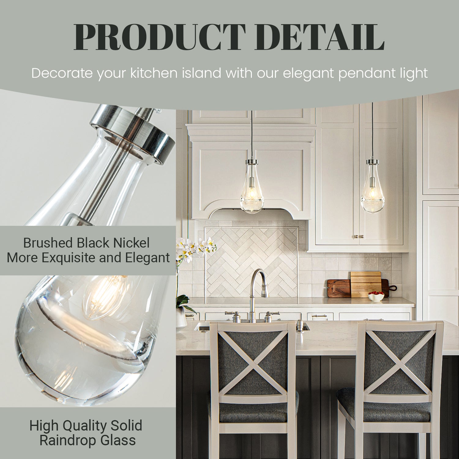 1-Light 5" Farmhouse Raindrop Glass Brush Black Nickel Chandelier Rustic Teardrop Cluster Pendant Light for Kitchen Island