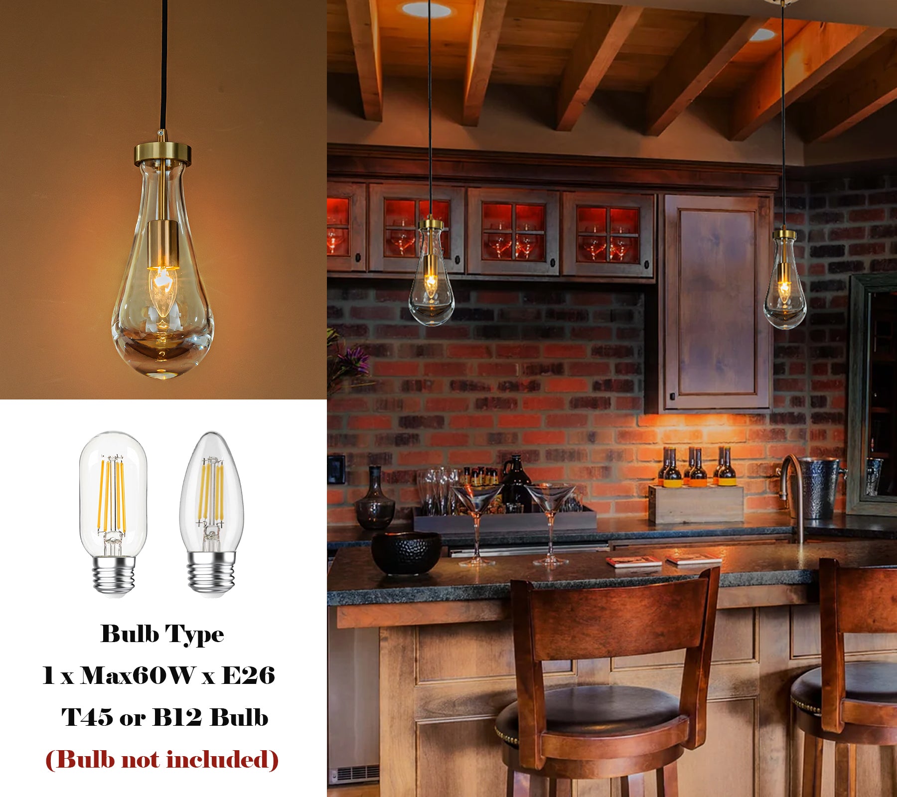 Rustic Mini Farmhouse Hand-Blown Clear Solid Glass Pendant Light in Antique Brass