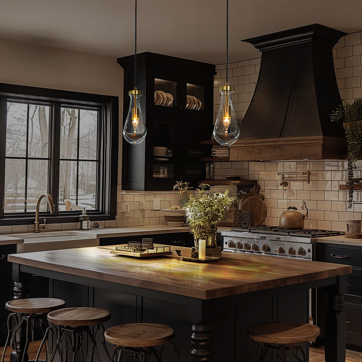Rustic Mini Farmhouse Hand-Blown Clear Solid Glass Pendant Light in Antique Brass
