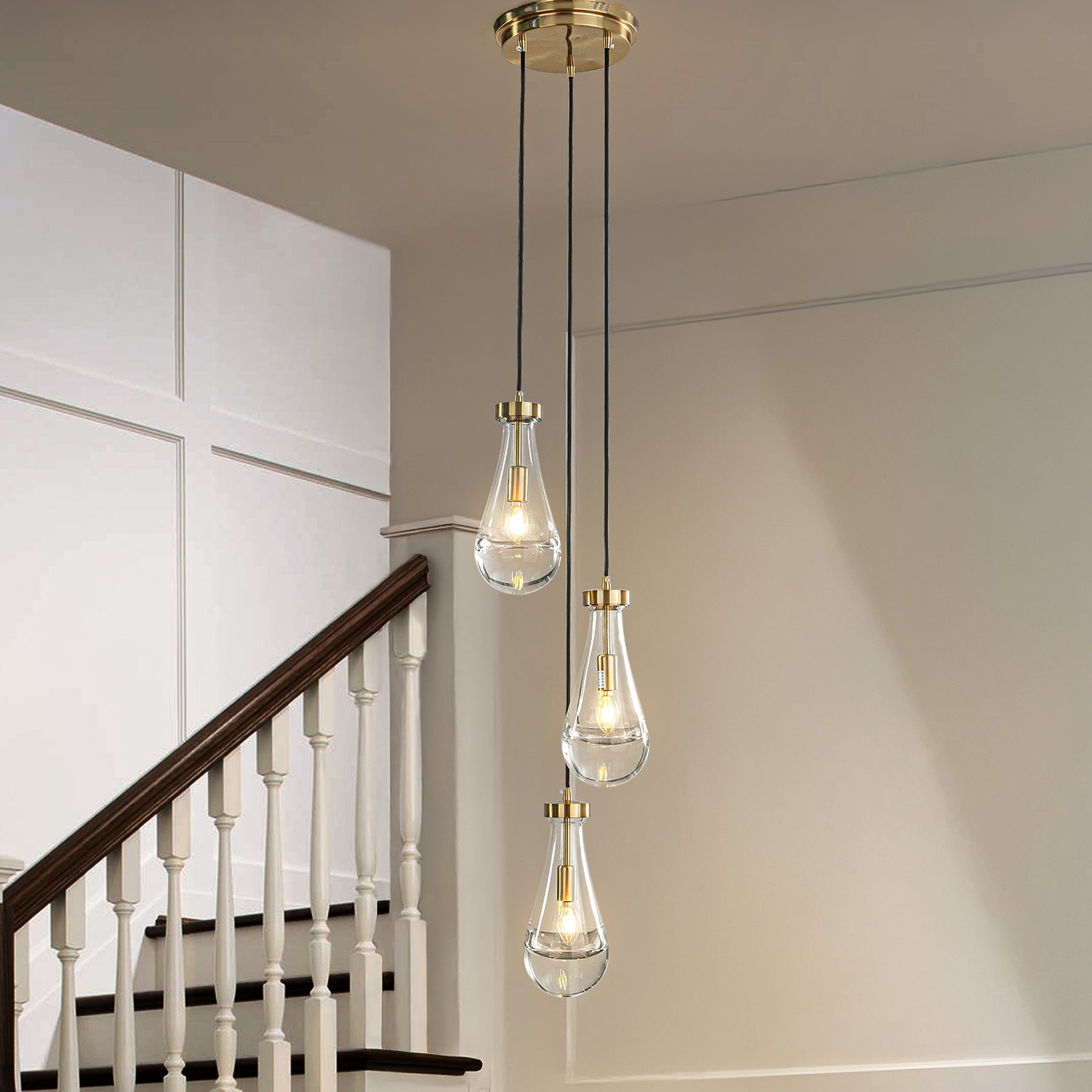 3-Light 9" Farmhouse Raindrop Glass Antique Brass Chandelier Rustic Teardrop Cluster Pendant Light for Kitchen Island