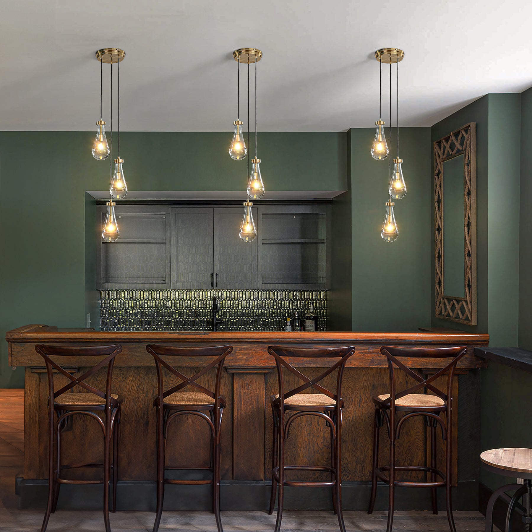 3-Light 9" Farmhouse Raindrop Glass Antique Brass Chandelier Rustic Teardrop Cluster Pendant Light for Kitchen Island