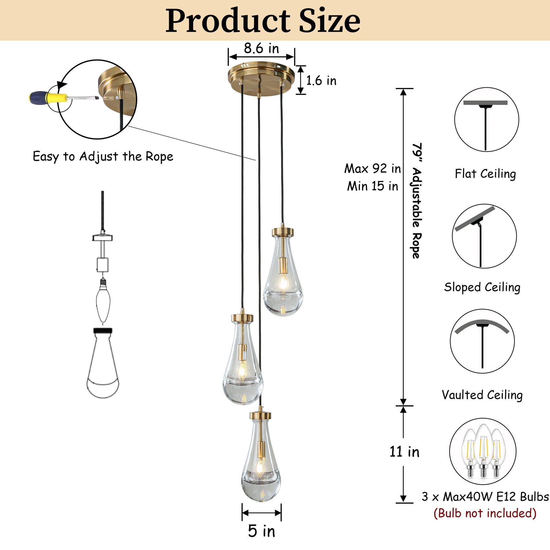 3-Light 9" Farmhouse Raindrop Glass Antique Brass Chandelier Rustic Teardrop Cluster Pendant Light for Kitchen Island