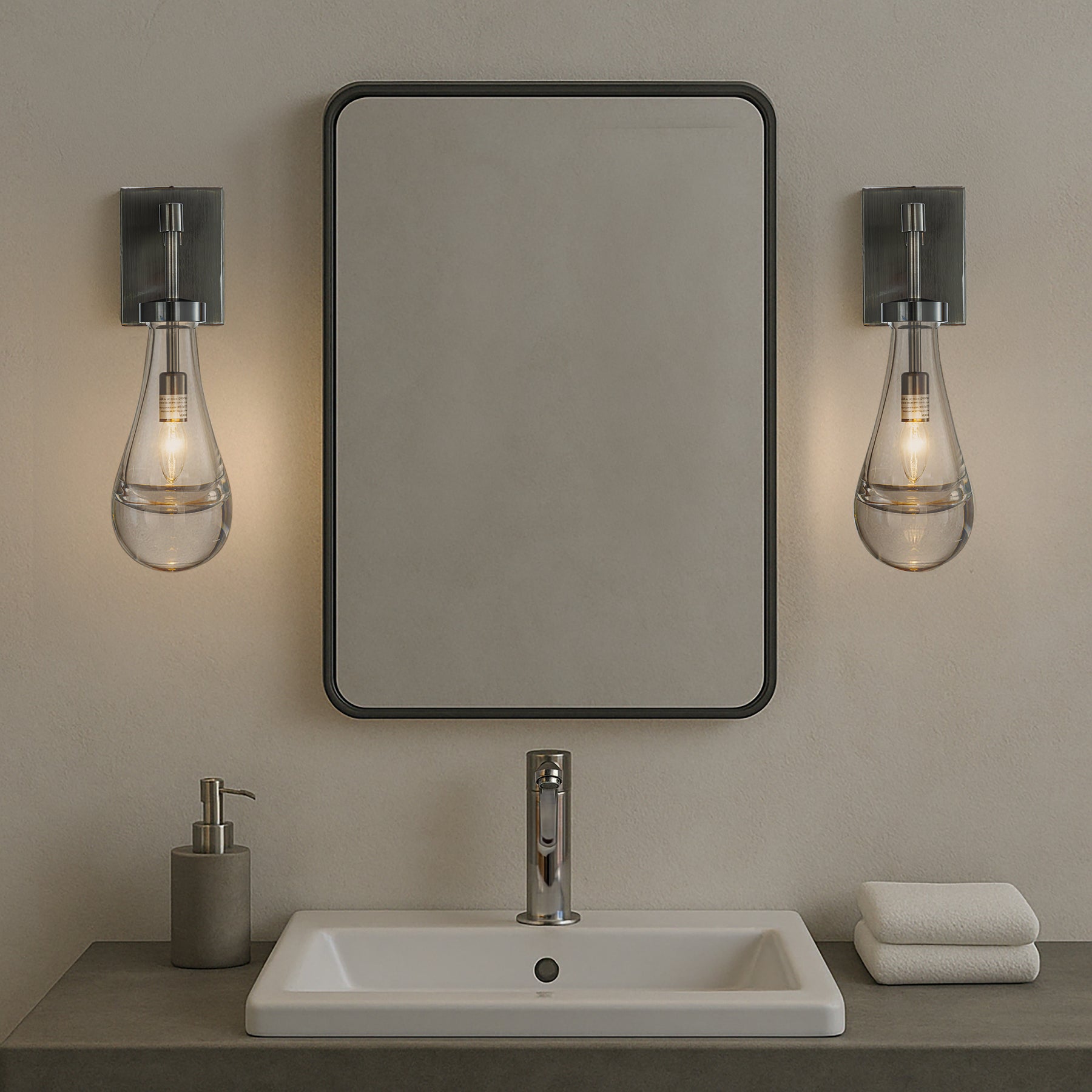 1-Light W5" Farmhouse Raindrop Glass Brush Black Nickel Wall Light Rustic Teardrop Bathrooom Vanity Light