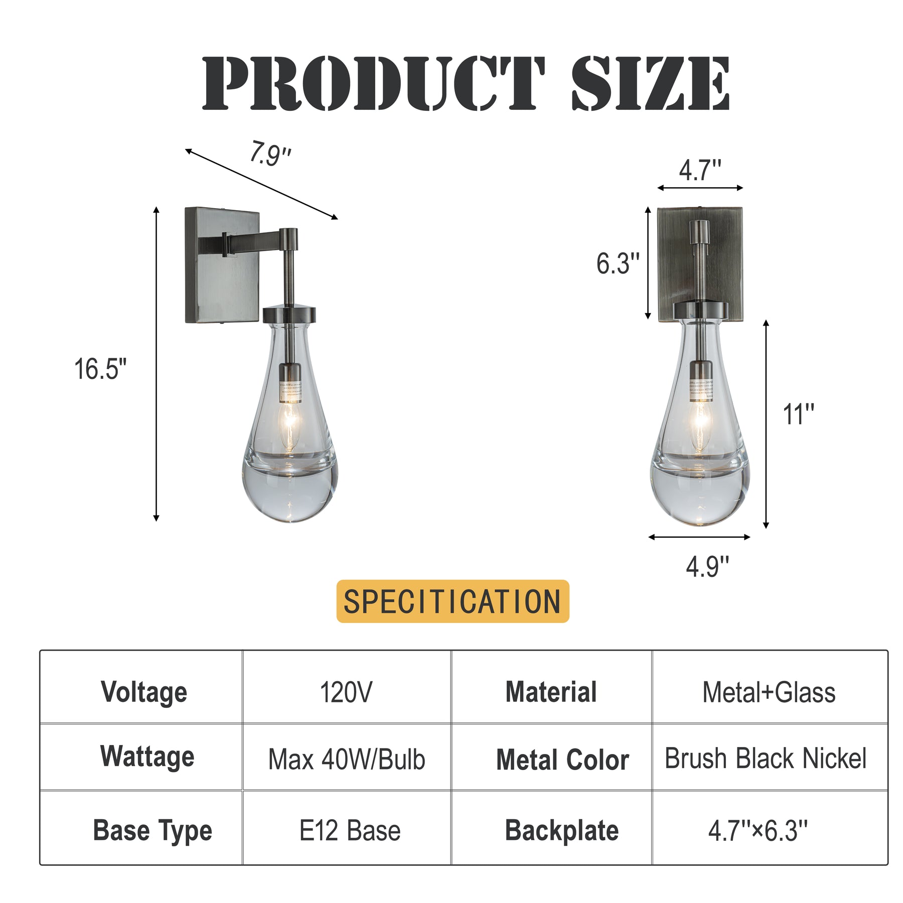 1-Light W5" Farmhouse Raindrop Glass Brush Black Nickel Wall Light Rustic Teardrop Bathrooom Vanity Light