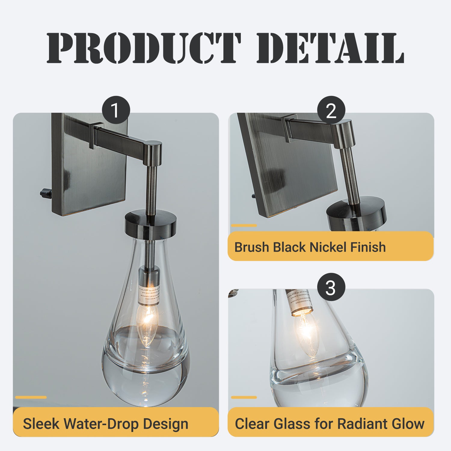 1-Light W5" Farmhouse Raindrop Glass Brush Black Nickel Wall Light Rustic Teardrop Bathrooom Vanity Light
