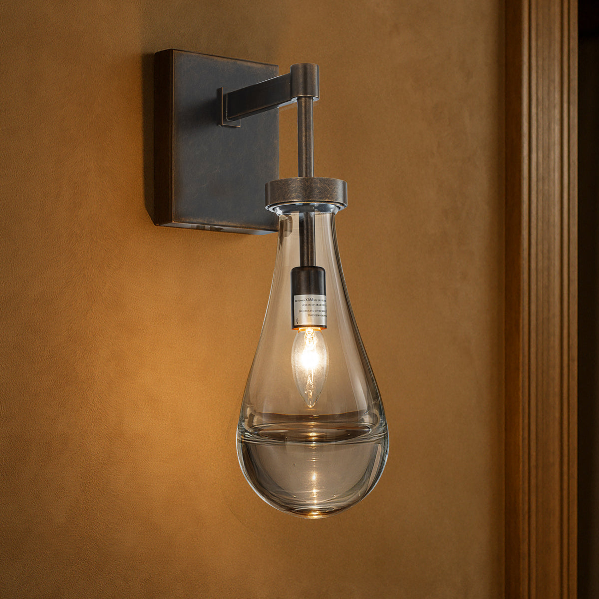 1-Light W5" Farmhouse Raindrop Glass Bronze Wall Light Rustic Industrial Teardrop Bathrooom Vanity Light