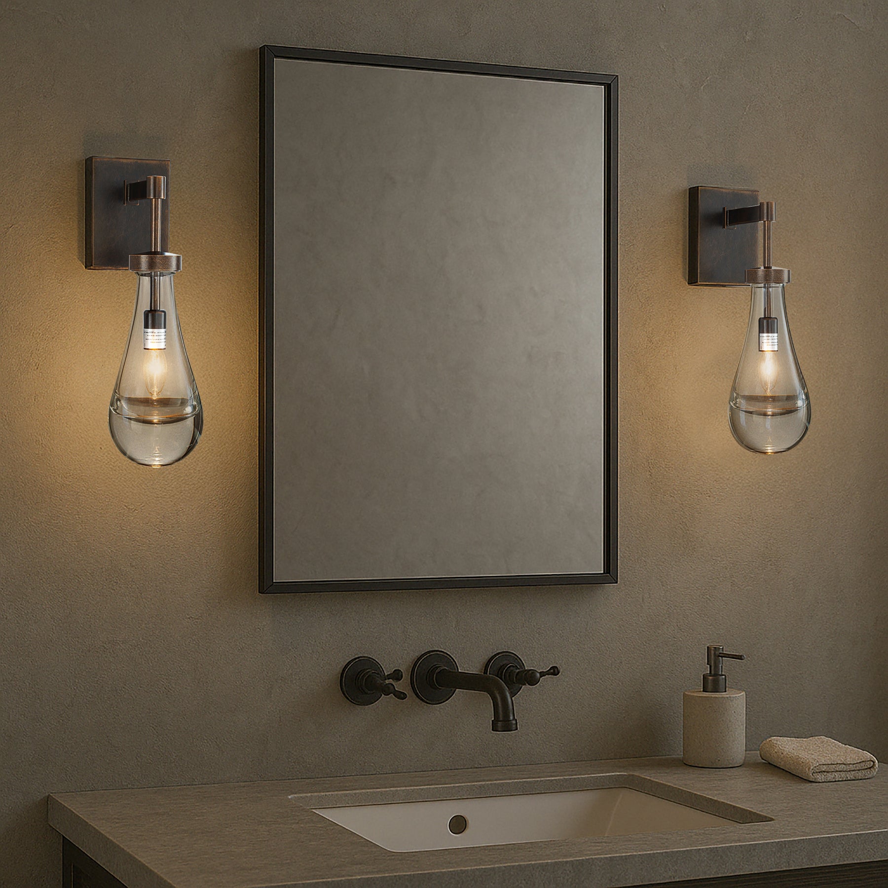 1-Light W5" Farmhouse Raindrop Glass Bronze Wall Light Rustic Industrial Teardrop Bathrooom Vanity Light