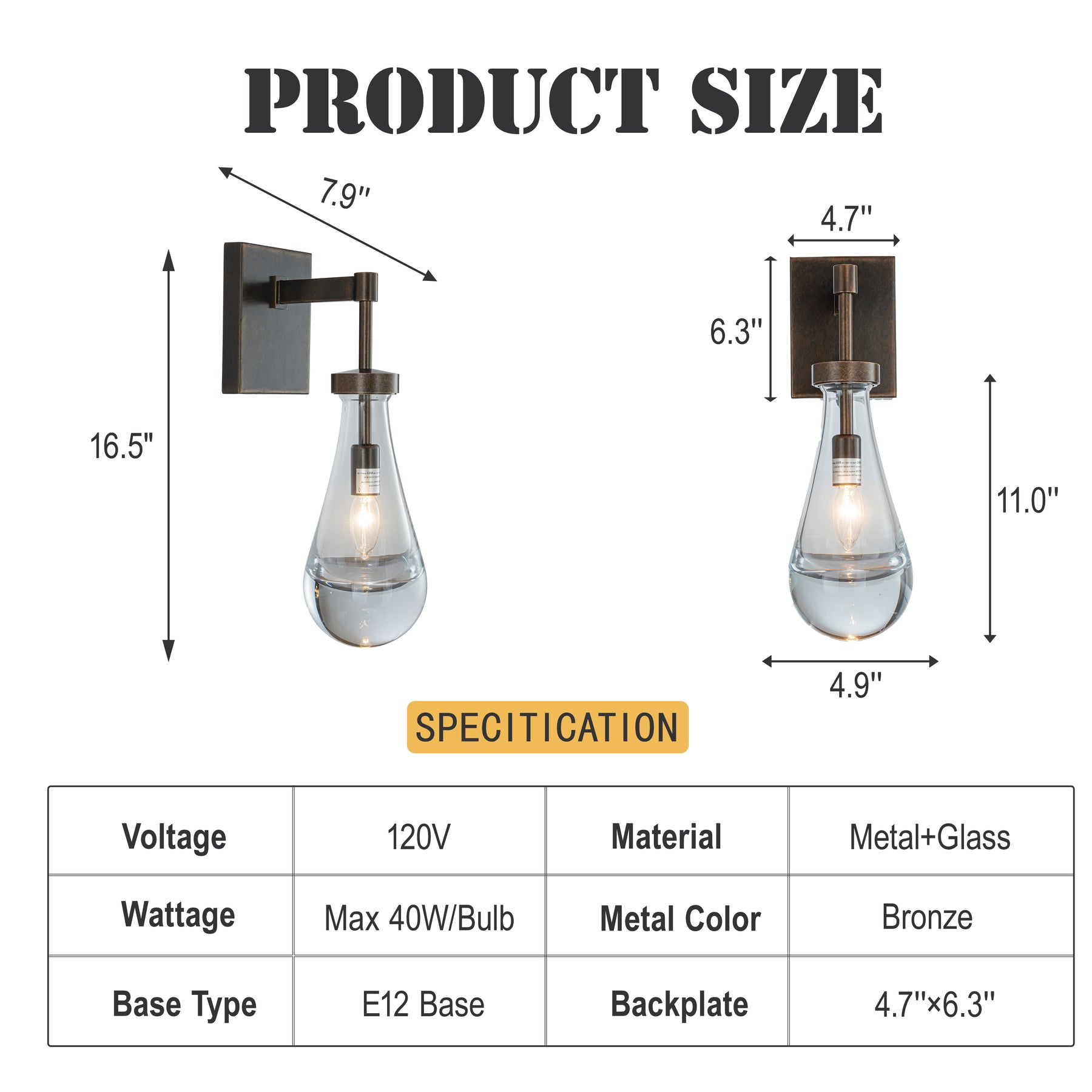 1-Light W5" Farmhouse Raindrop Glass Bronze Wall Light Rustic Industrial Teardrop Bathrooom Vanity Light