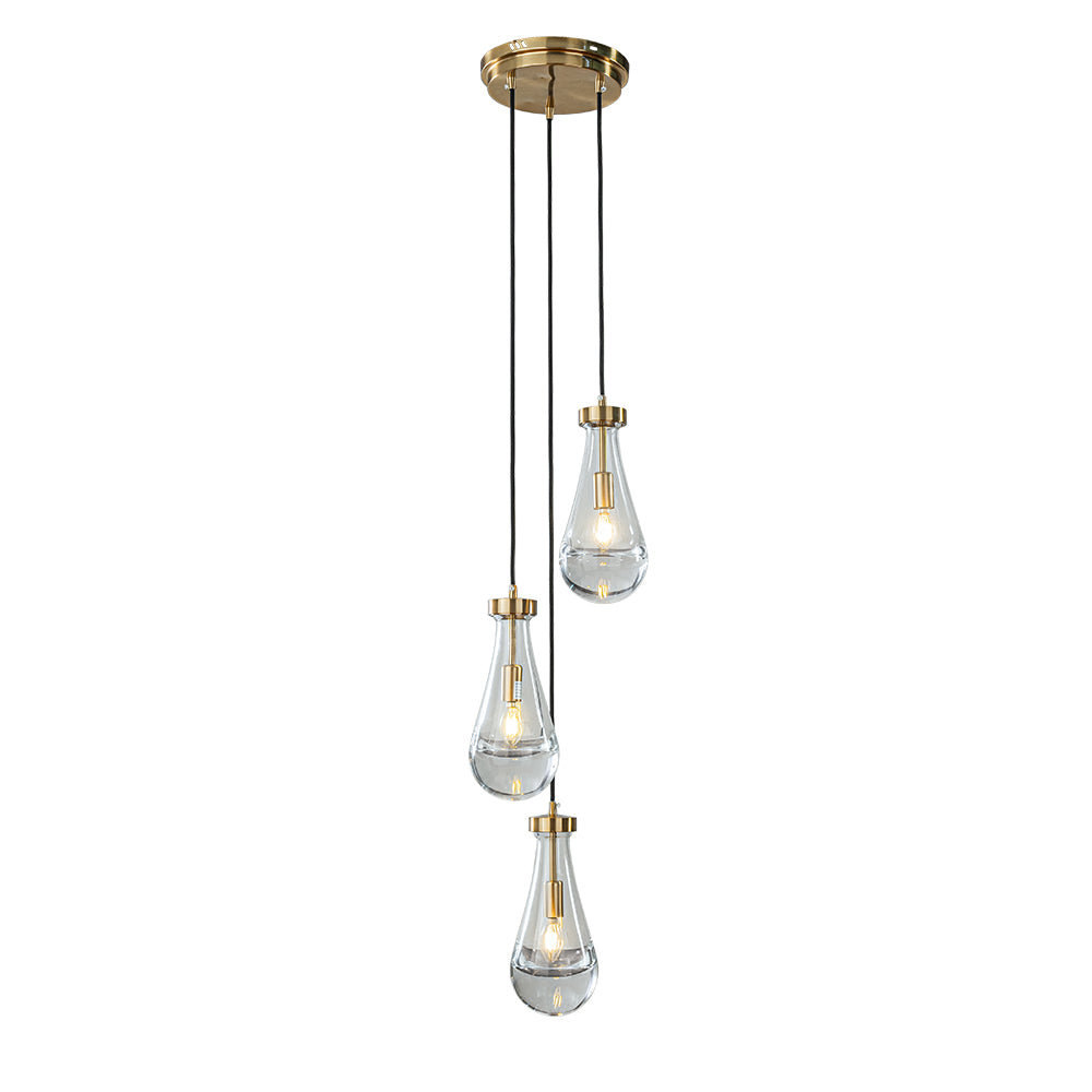 3-Light 9" Farmhouse Raindrop Glass Antique Brass Chandelier Rustic Teardrop Cluster Pendant Light for Kitchen Island