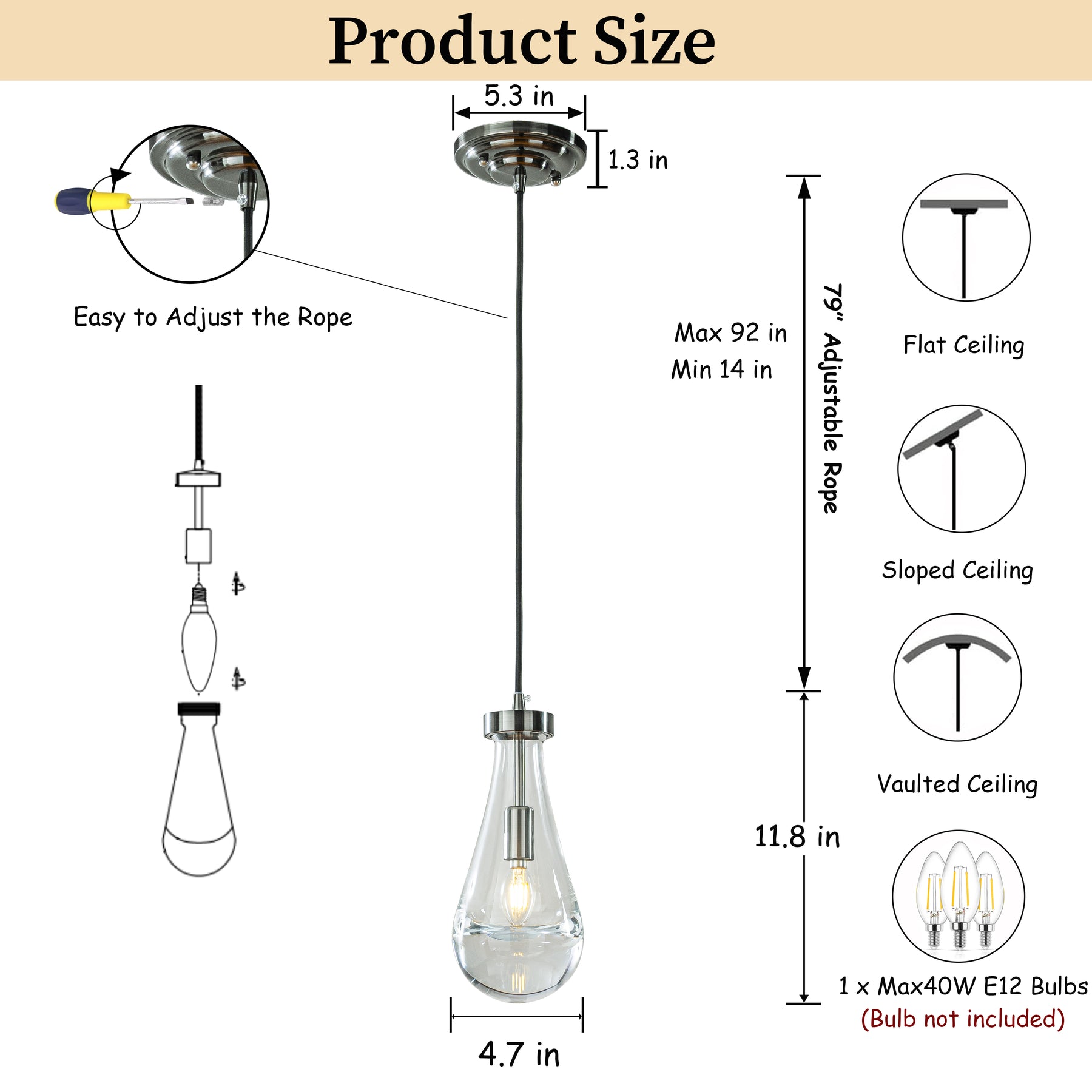 1-Light 5" Farmhouse Raindrop Glass Brush Black Nickel Chandelier Rustic Teardrop Cluster Pendant Light for Kitchen Island