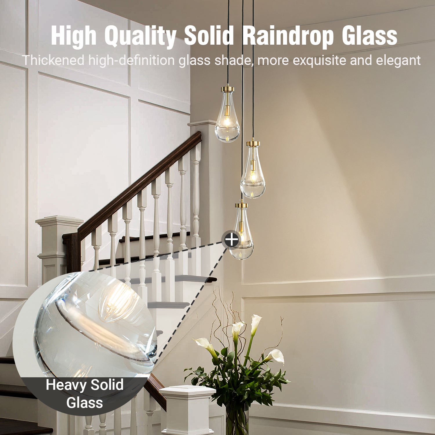 3-Light 9" Farmhouse Raindrop Glass Antique Brass Chandelier Rustic Teardrop Cluster Pendant Light for Kitchen Island
