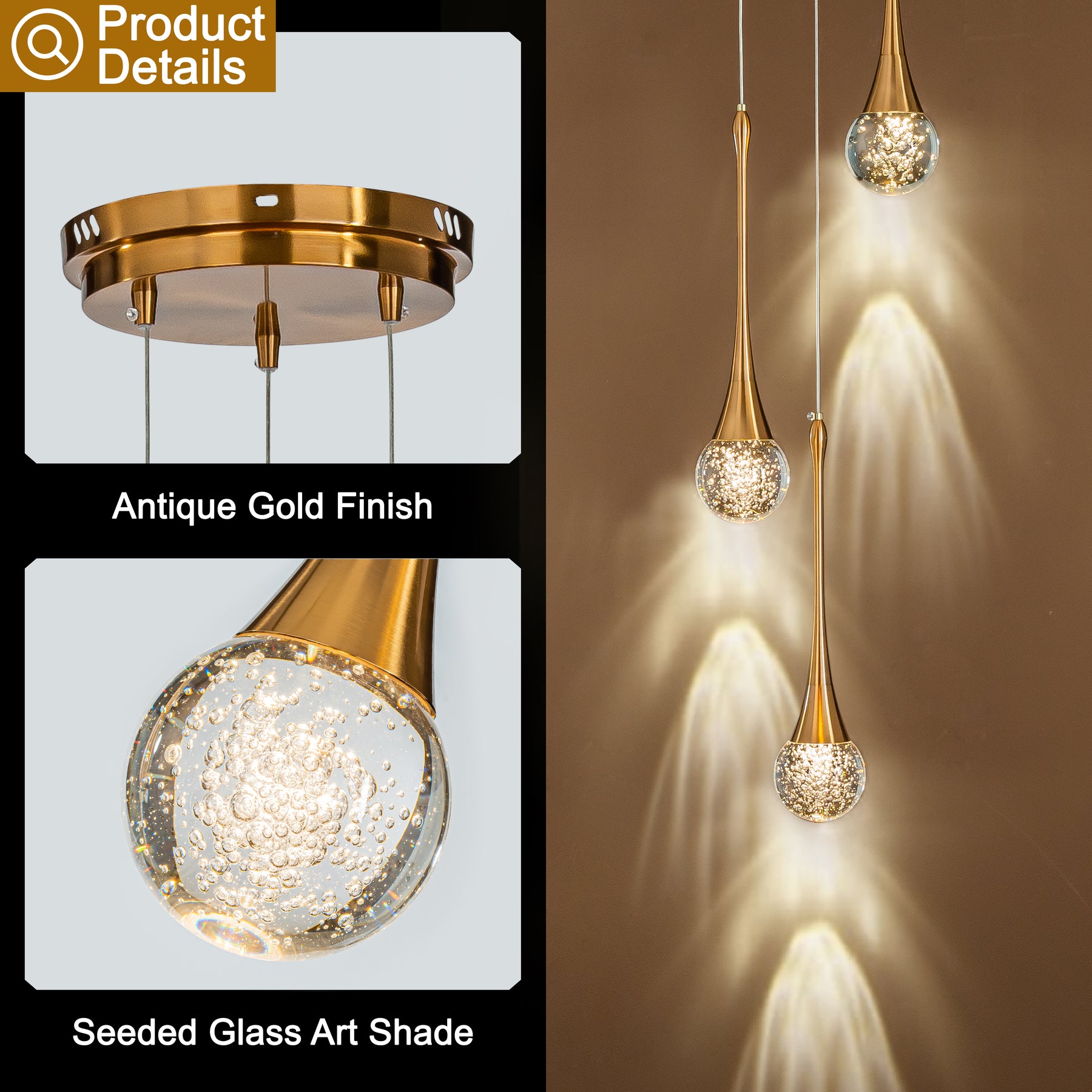 Modern Glass Cluster Integrated LED Pendant In Antique Gold Round Ceiling Lamp