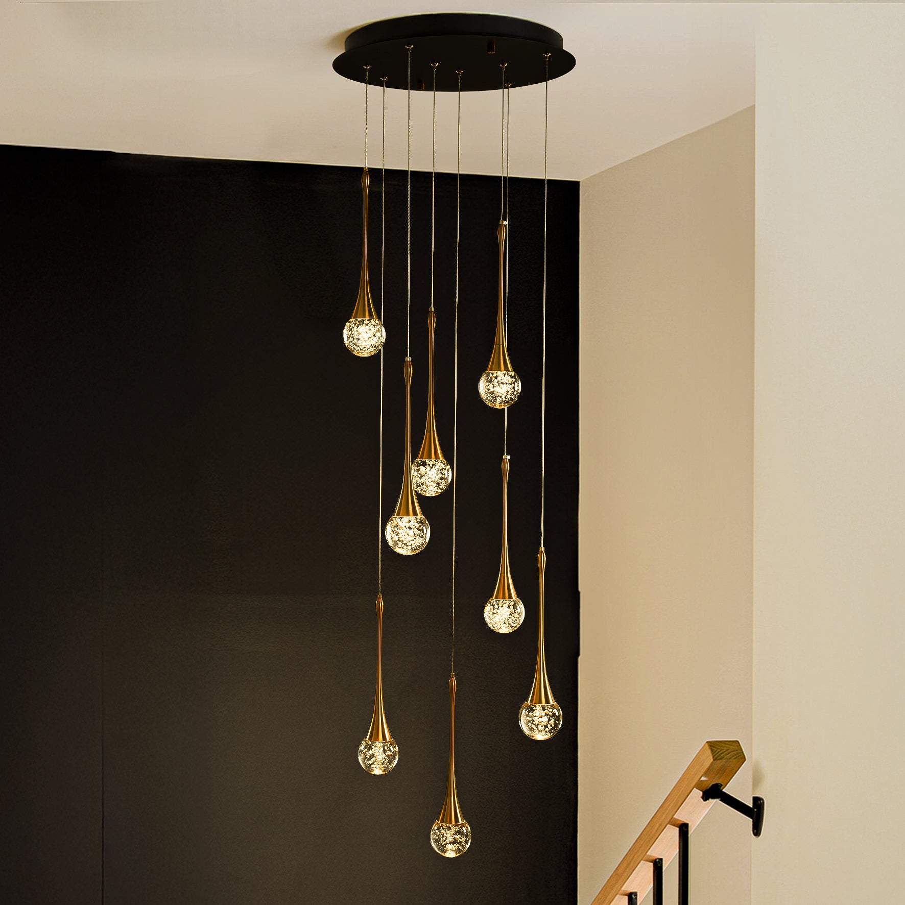 18'' 8-Light Modern Seeded Glass Cluster Integrated LED Teardrop Staircase Chandelier Minimalist Entryway LED Pendant Light