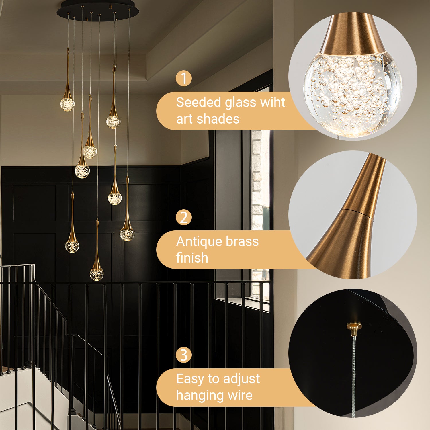 18'' 8-Light Modern Seeded Glass Cluster Integrated LED Teardrop Staircase Chandelier Minimalist Entryway LED Pendant Light