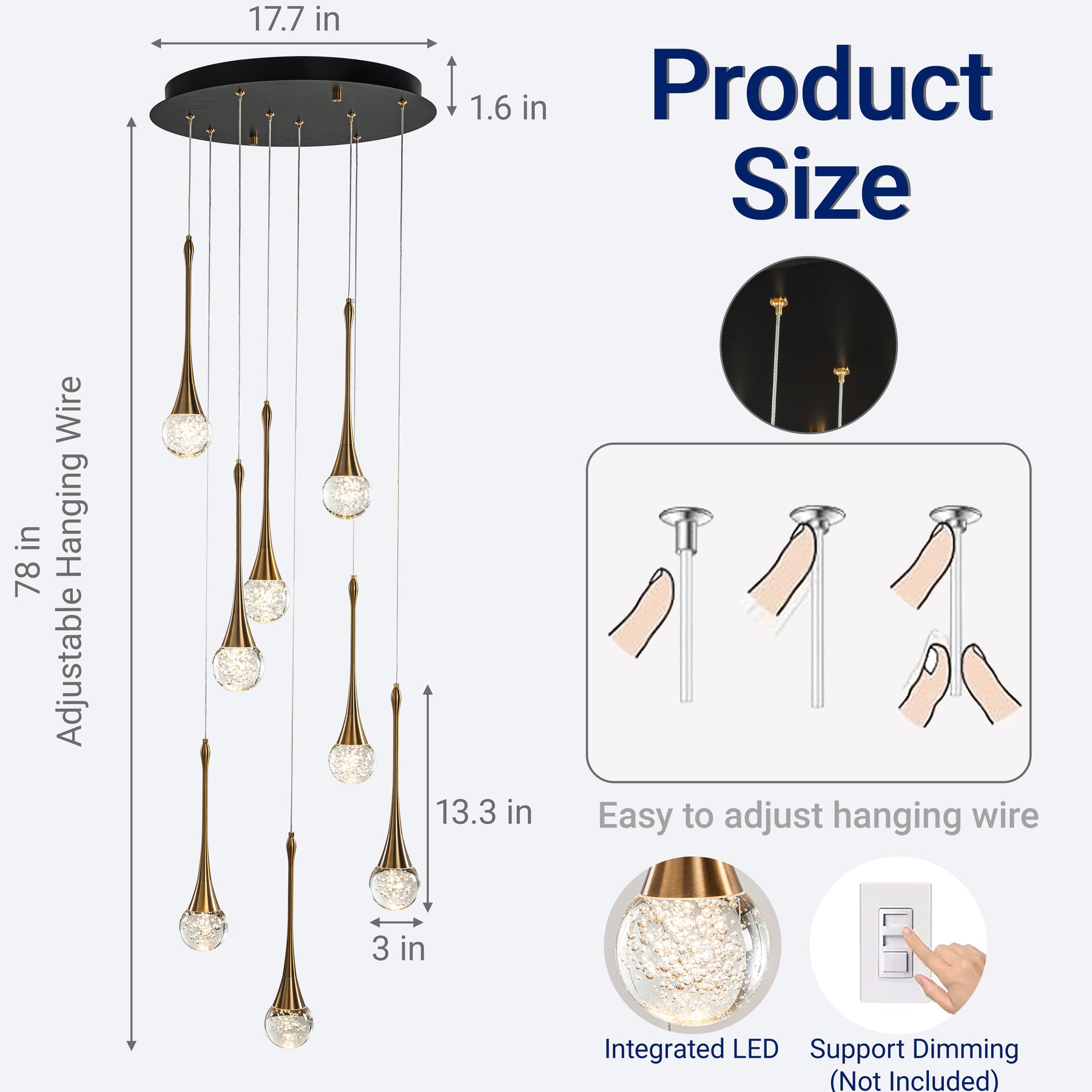 18'' 8-Light Modern Seeded Glass Cluster Integrated LED Teardrop Staircase Chandelier Minimalist Entryway LED Pendant Light