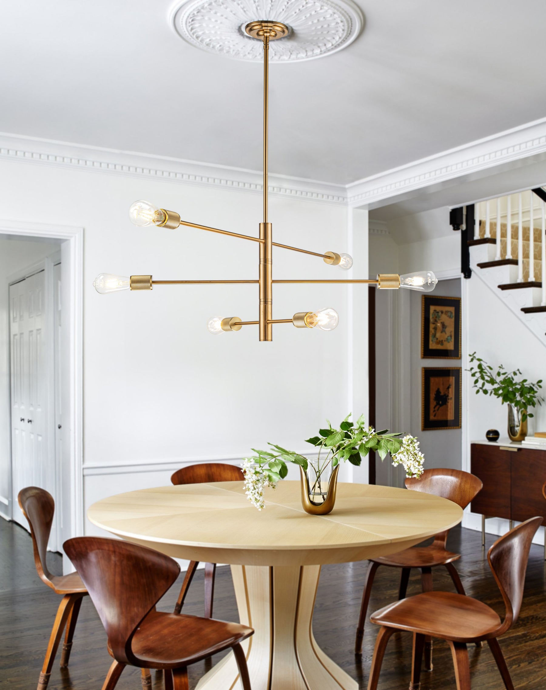 Mid-Century Modern Sputnik Chandelier in Brass Industrial Linear Pendant Light