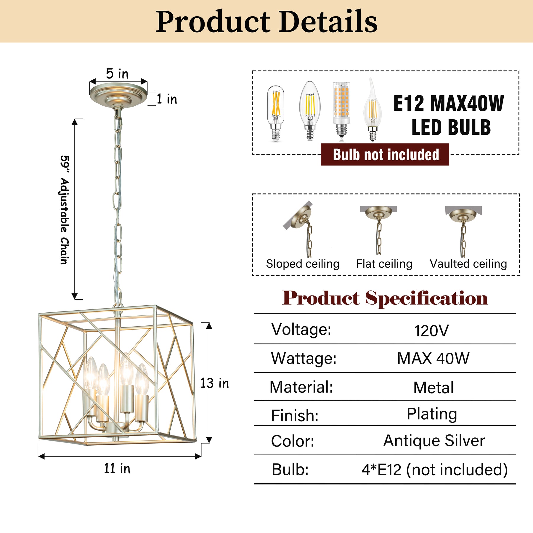 Vintage Lantern Chandelier Square Metal Cage Small Pendant Light