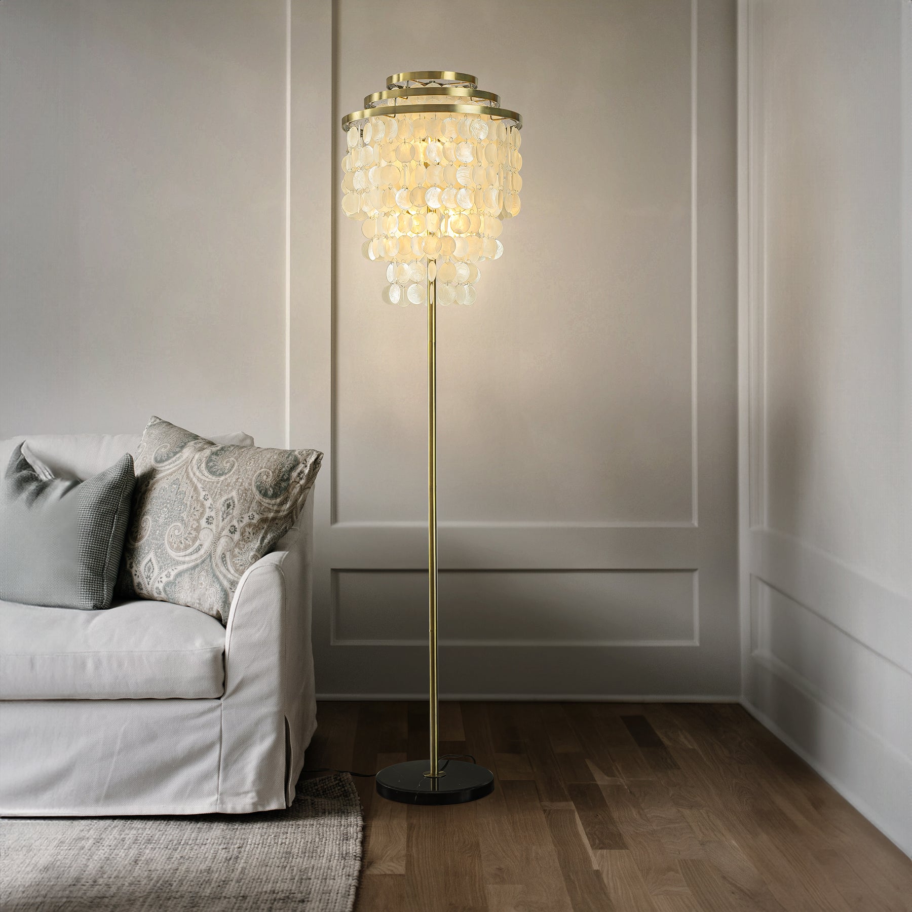4-Light 70'' Modern Coastal Aged Brass Natural Capiz Shell Tiered Floor Lamp With Black Marble Base Glam For Girls Room Living Room Dining Room