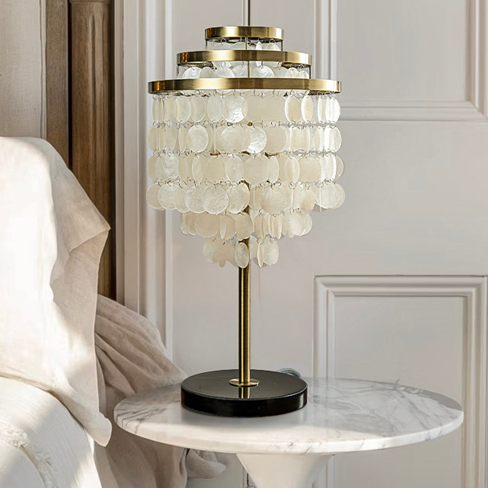 3-Light 28'' Modern Coastal Aged Brass Natural Capiz Shell Tiered Table Lamp With Black Marble Base Glam For Girls Room Living Room Bedroom