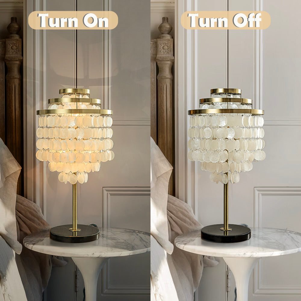 3-Light 28'' Modern Coastal Aged Brass Natural Capiz Shell Tiered Table Lamp With Black Marble Base Glam For Girls Room Living Room Bedroom