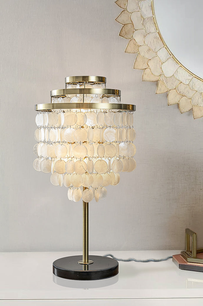 3-Light 28'' Modern Coastal Aged Brass Natural Capiz Shell Tiered Table Lamp With Black Marble Base Glam For Girls Room Living Room Bedroom