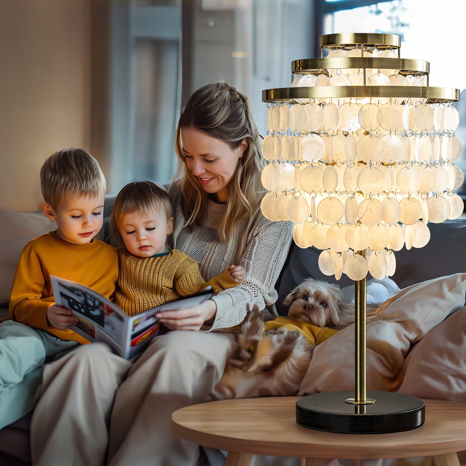 3-Light 28'' Modern Coastal Aged Brass Natural Capiz Shell Tiered Table Lamp With Black Marble Base Glam For Girls Room Living Room Bedroom