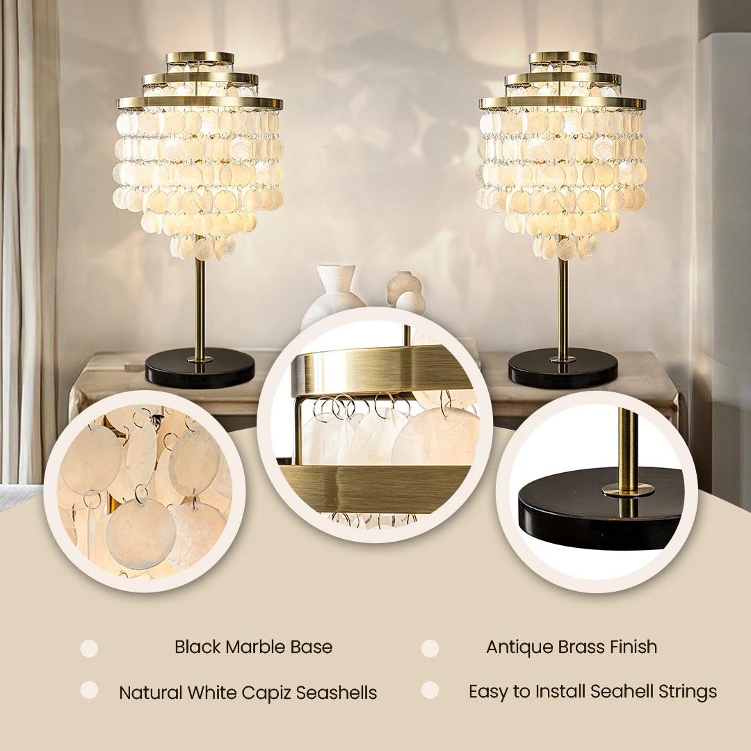 3-Light 28'' Modern Coastal Aged Brass Natural Capiz Shell Tiered Table Lamp With Black Marble Base Glam For Girls Room Living Room Bedroom