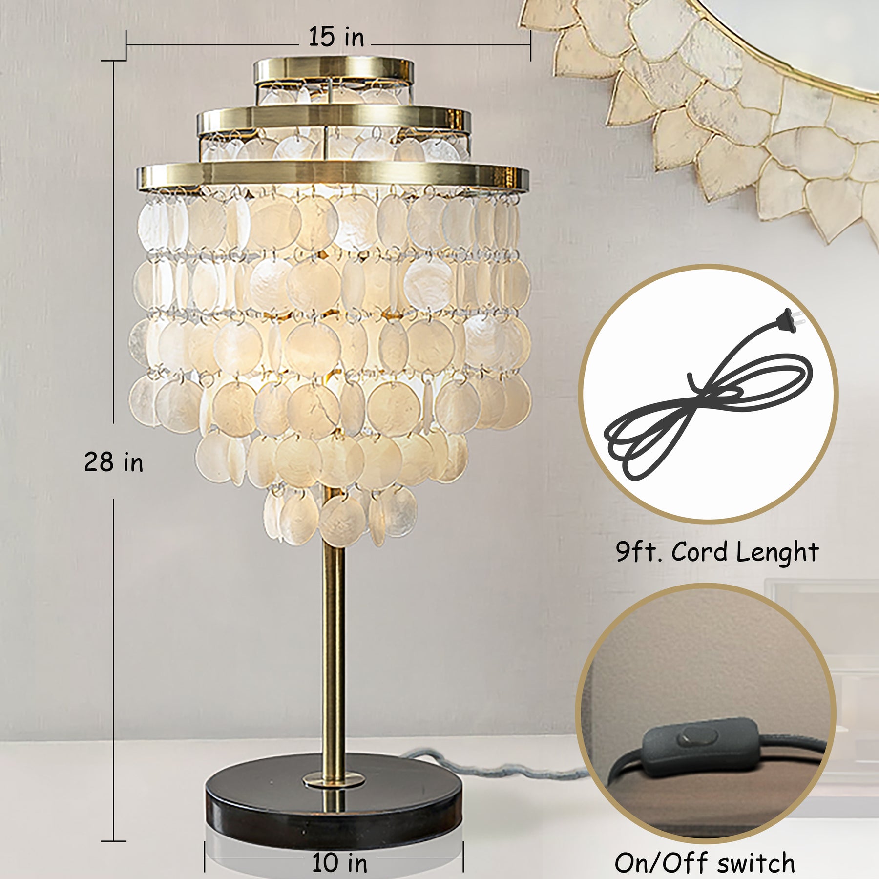 3-Light 28'' Modern Coastal Aged Brass Natural Capiz Shell Tiered Table Lamp With Black Marble Base Glam For Girls Room Living Room Bedroom