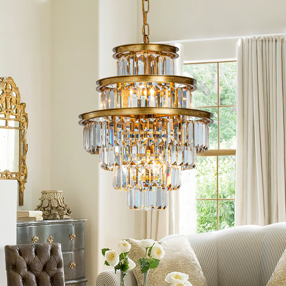 Modern Glam Round Tier Fringe Crystal Chandelier in Matte Gold