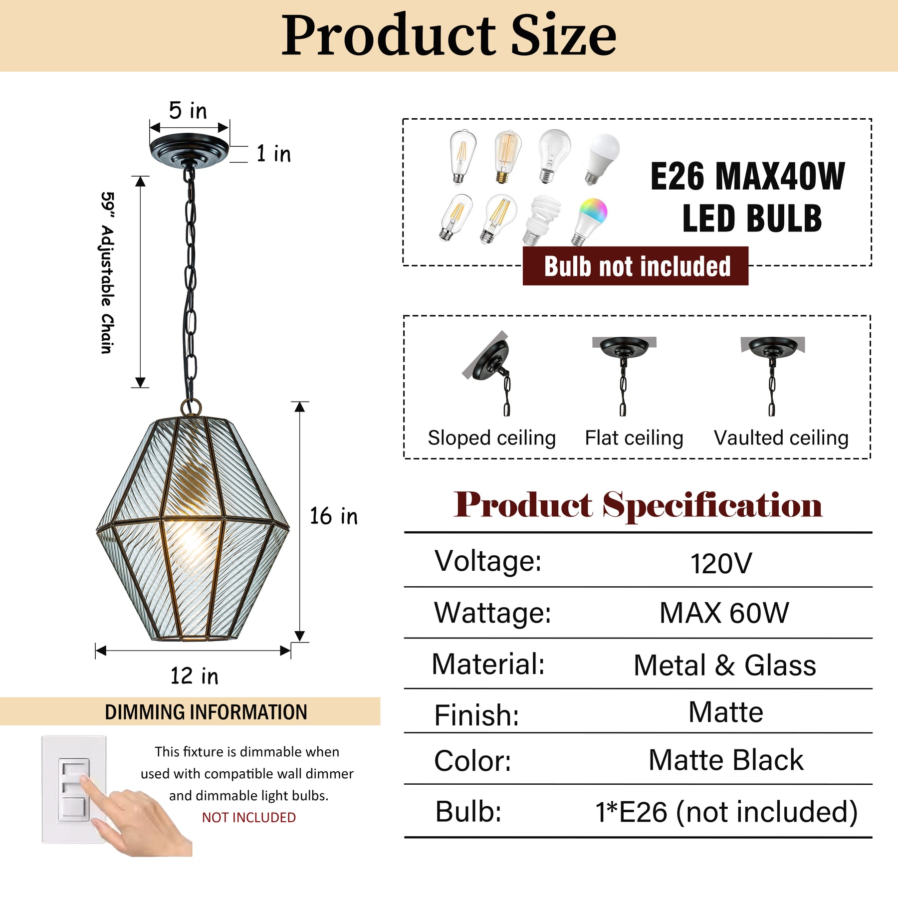 OPEN BOX-Modern Industrial Geometric Small Lantern Pendant Light with Clear Ribbed Glass