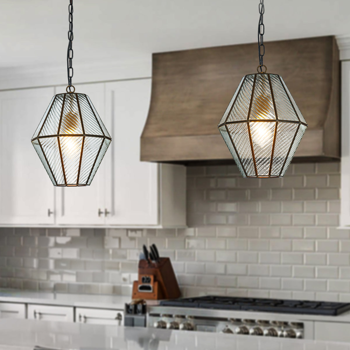 OPEN BOX-Modern Industrial Geometric Small Lantern Pendant Light with Clear Ribbed Glass