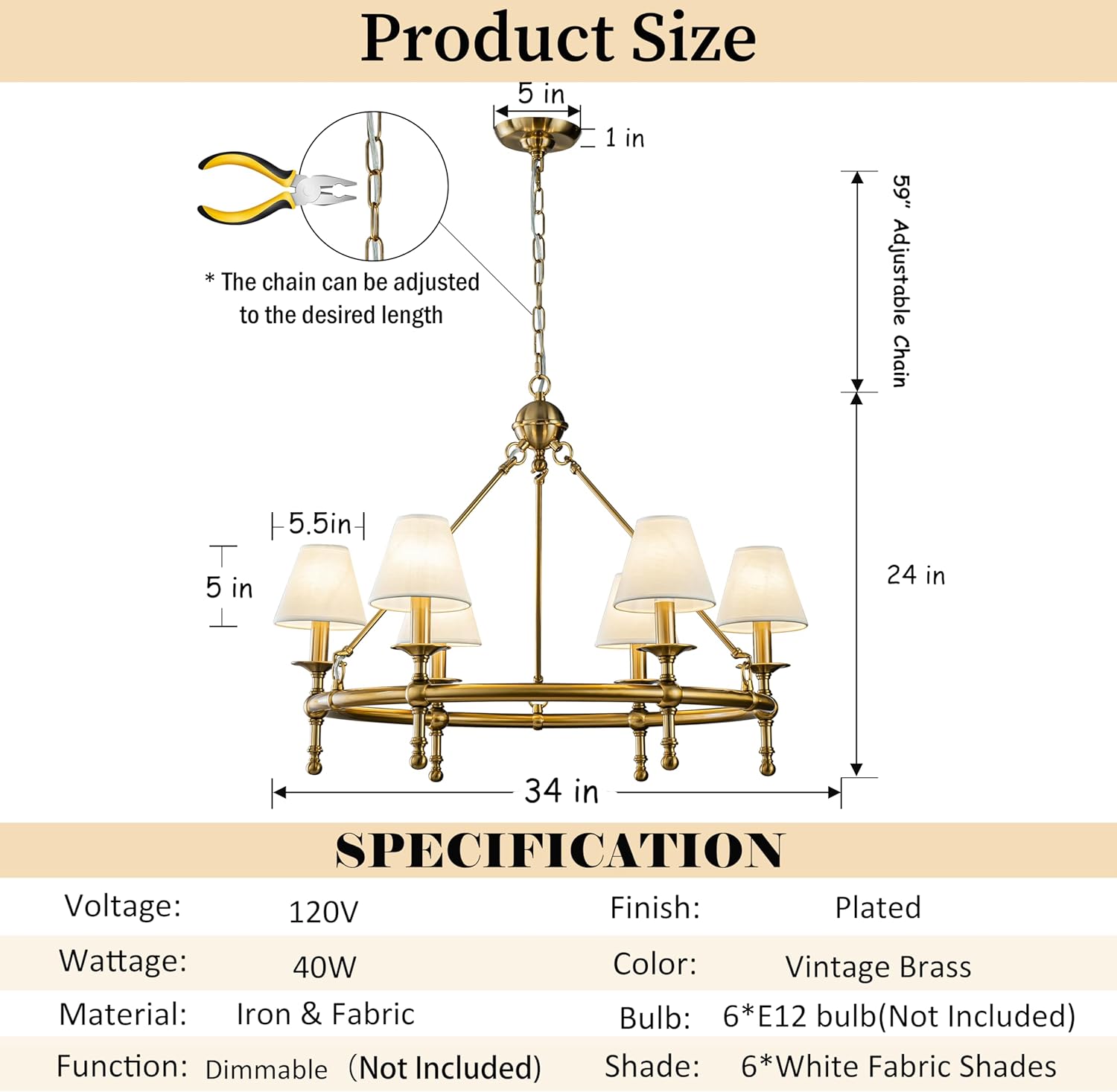 6 Lights W34 Vintage Brass and White Pleated Fabric Chandeliers for Dining Room