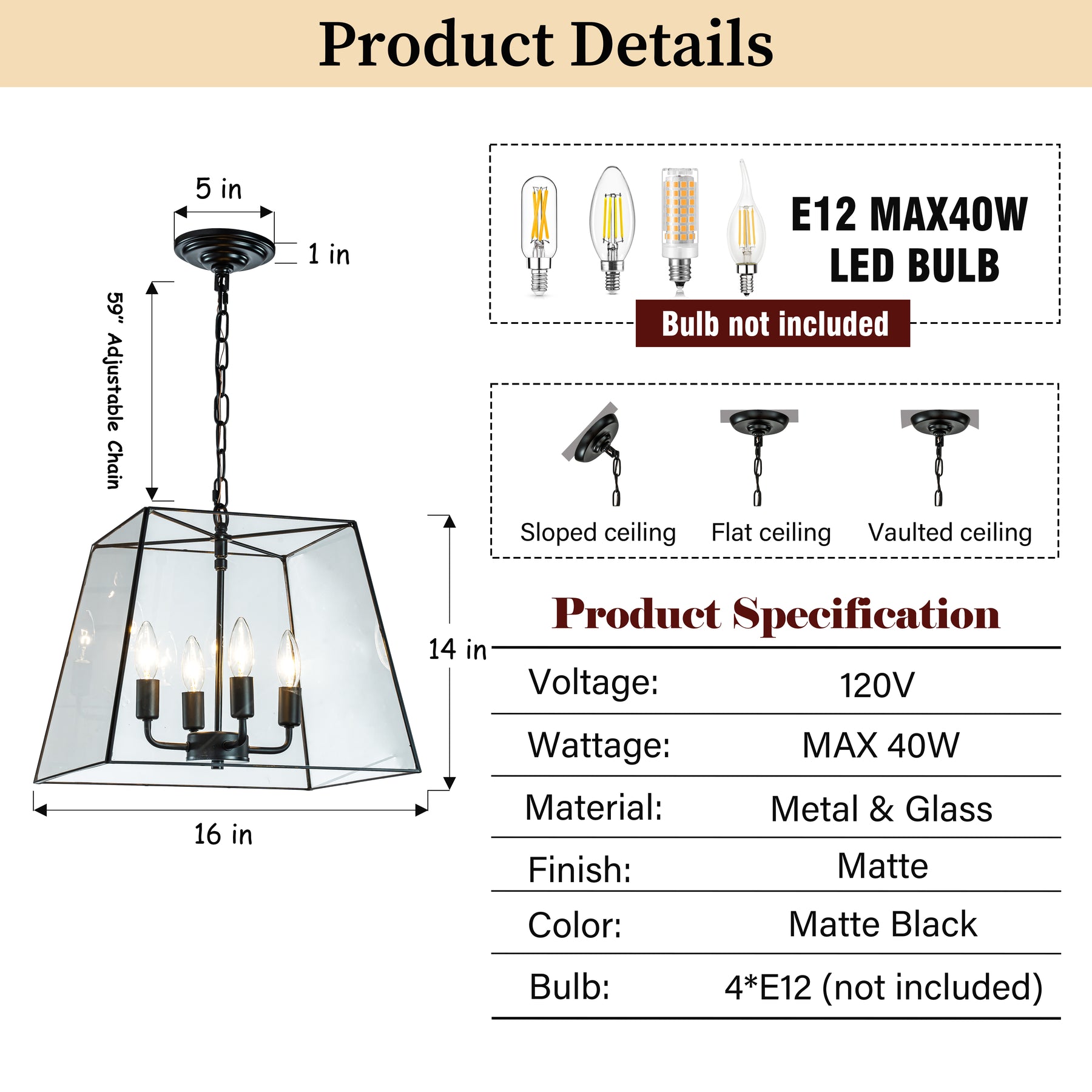 Minimalist Angled Ceiling Lantern Black Chandelier with Clear Glass Shade