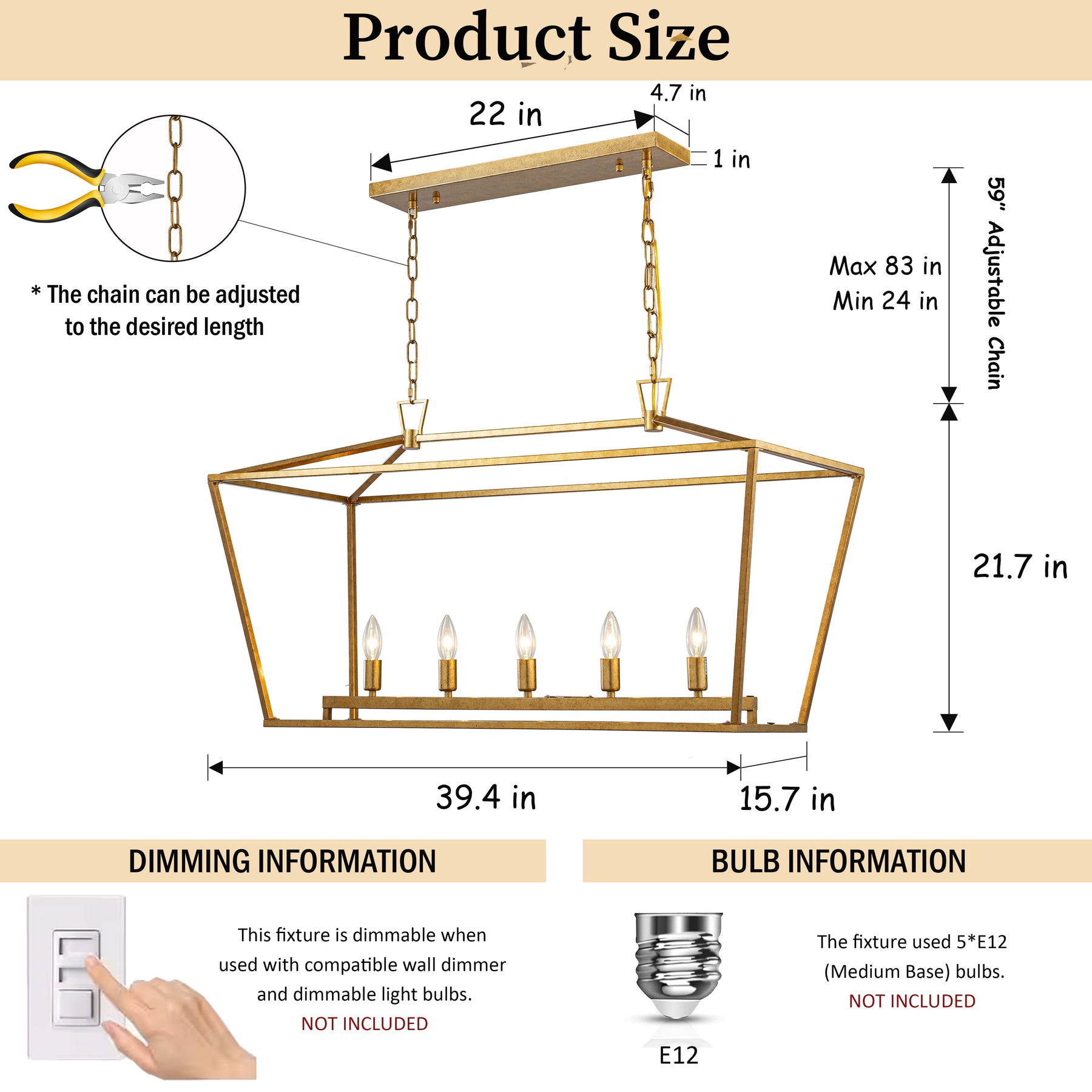 5-Light 39'' Modern Industrial Matte Gold Linear Lantern Geometric Chandelier Rectangle Cage Light For Kitchen Island