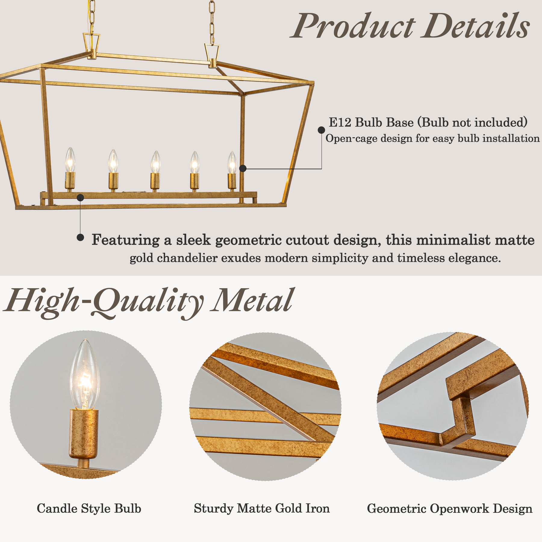 5-Light 39'' Modern Industrial Matte Gold Linear Lantern Geometric Chandelier Rectangle Cage Light For Kitchen Island
