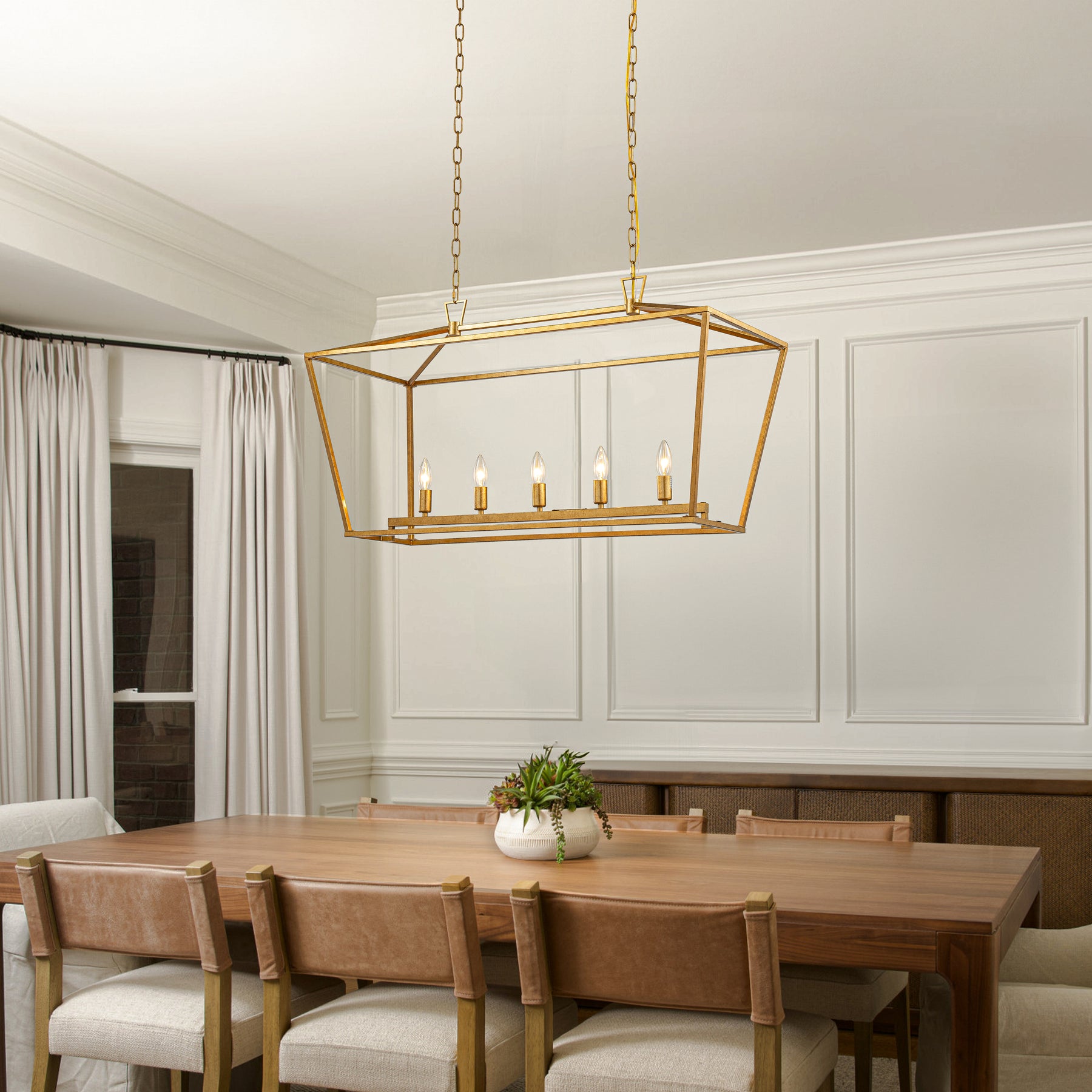 5-Light 39'' Modern Industrial Matte Gold Linear Lantern Geometric Chandelier Rectangle Cage Light For Kitchen Island