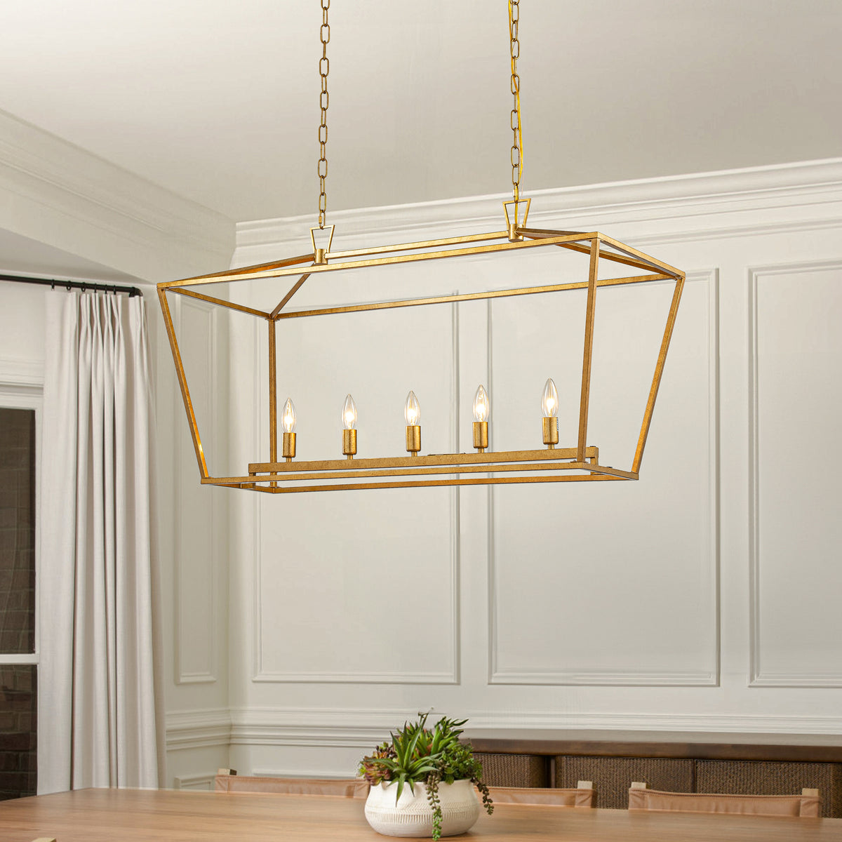 5-Light 39'' Modern Industrial Matte Gold Linear Lantern Geometric Chandelier Rectangle Cage Light For Kitchen Island
