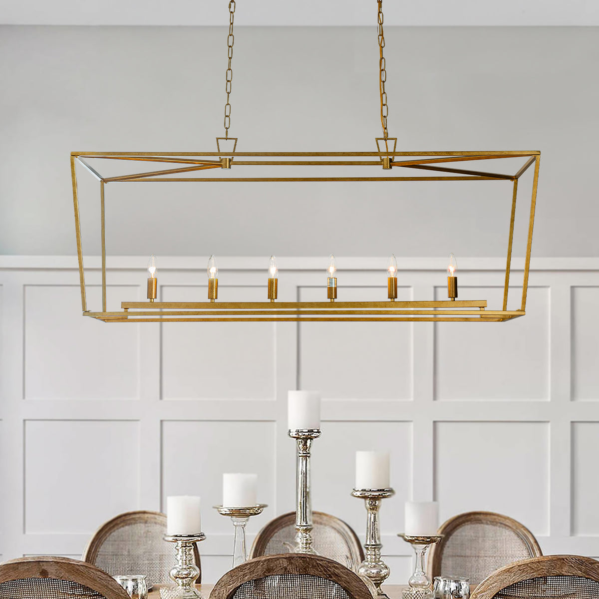 Farmhouse Linear Industrial Candlestick Cage Chandelier in Matte Gold