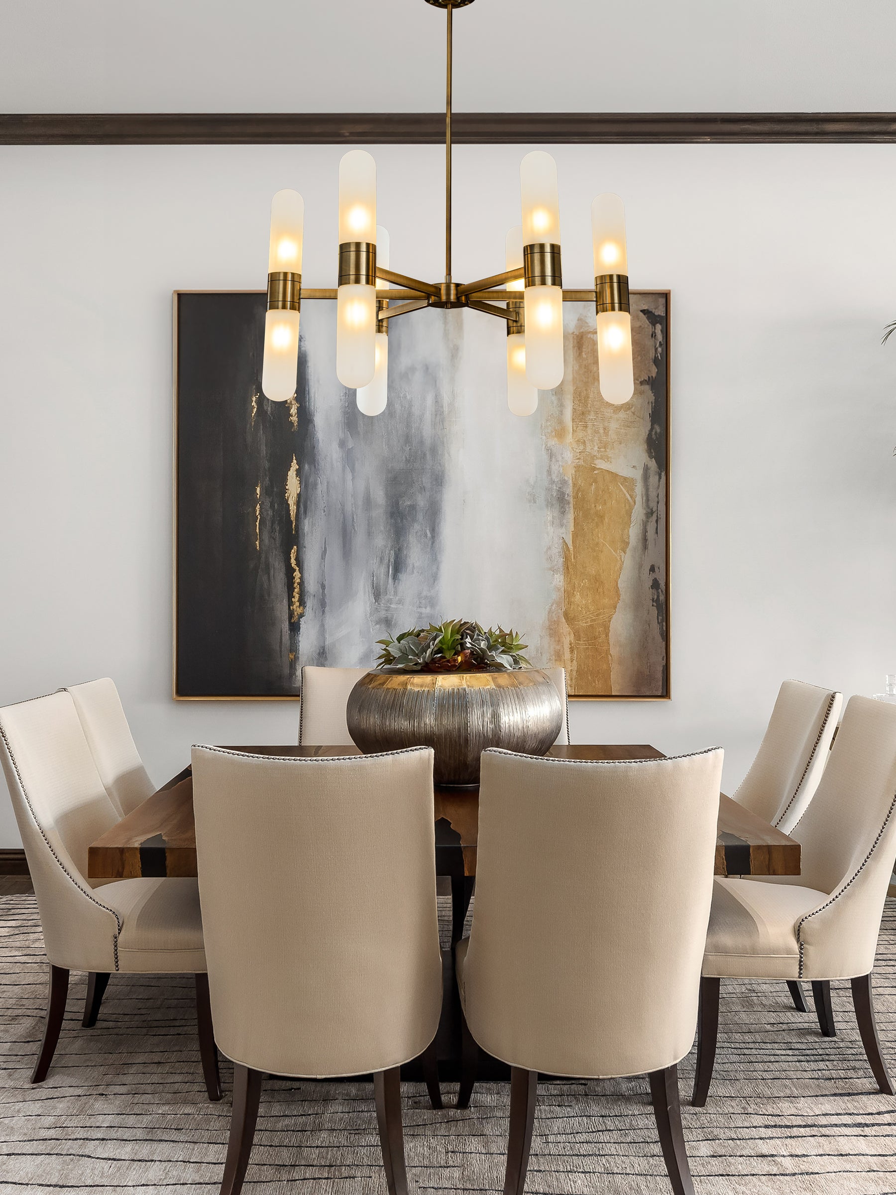 12-Light 35'' Modern Round Dining Room Chandelier Bronze Classic Frosted Glass Kitchen Light Fixures
