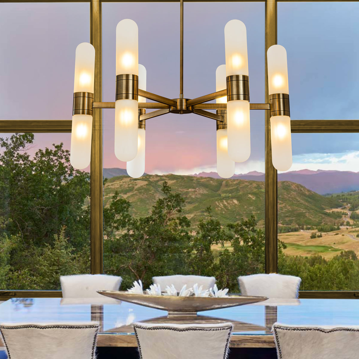 12-Light 35'' Modern Round Dining Room Chandelier Bronze Classic Frosted Glass Kitchen Light Fixures