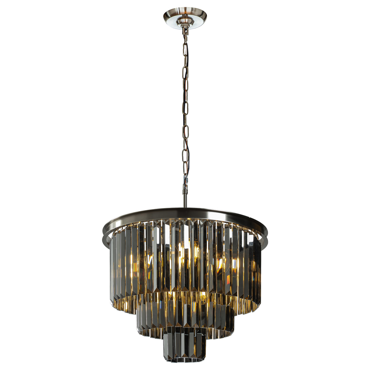 10-Light 20'' Modern Round Fringe Smoke Crystal Flush Mount Ceiling Luxury Polished Nickel Tiered Glass Light Fixtures For Dining Room