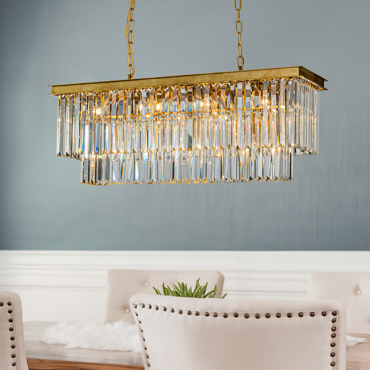 Modern Luxury Rectangle Fringe Crystal Chandelier in Antique Gold