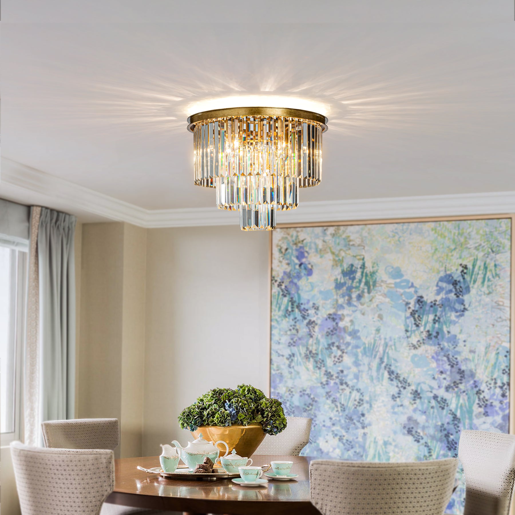 Modern Unique Tiered Crystal Flush Mount Lighting in Matte Gold